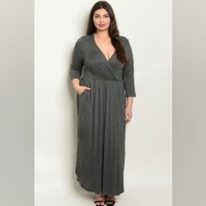 Annabelle Charcoal Maxi Dress | 3X | Flowy V-Neck | Long Sleeve | Pockets